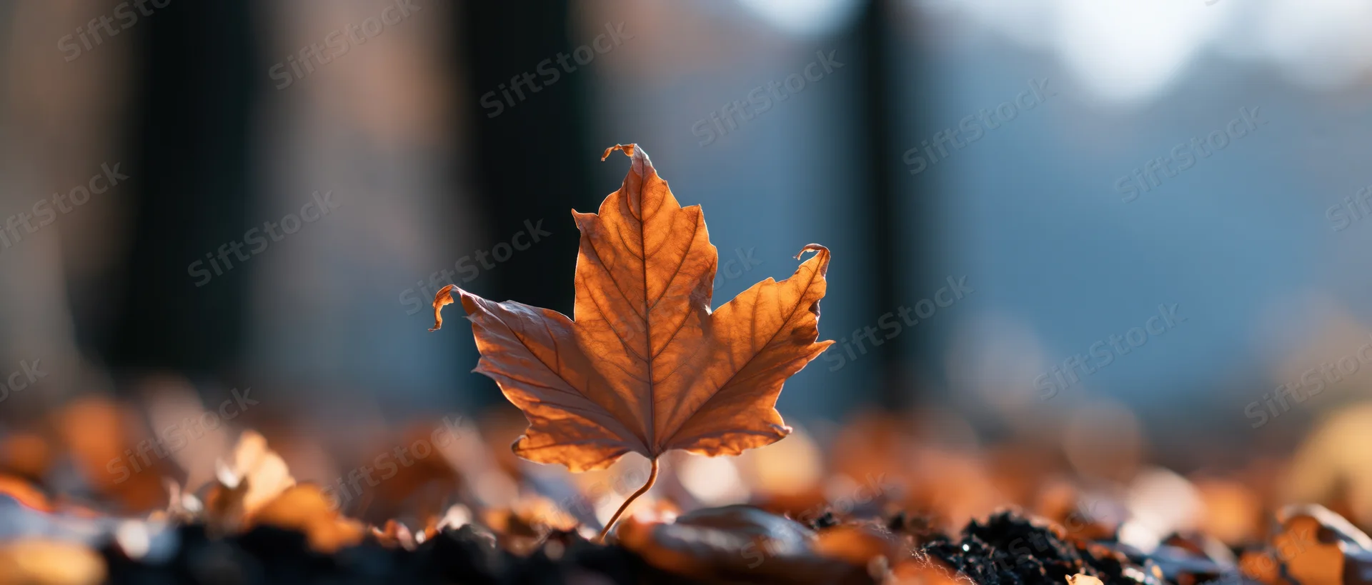 Single orange maple leaf standing upright among fallen leaves on forest ground