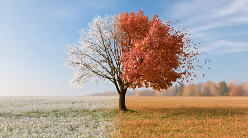 A tree split between autumn and winter standing in an open field under a blue sky