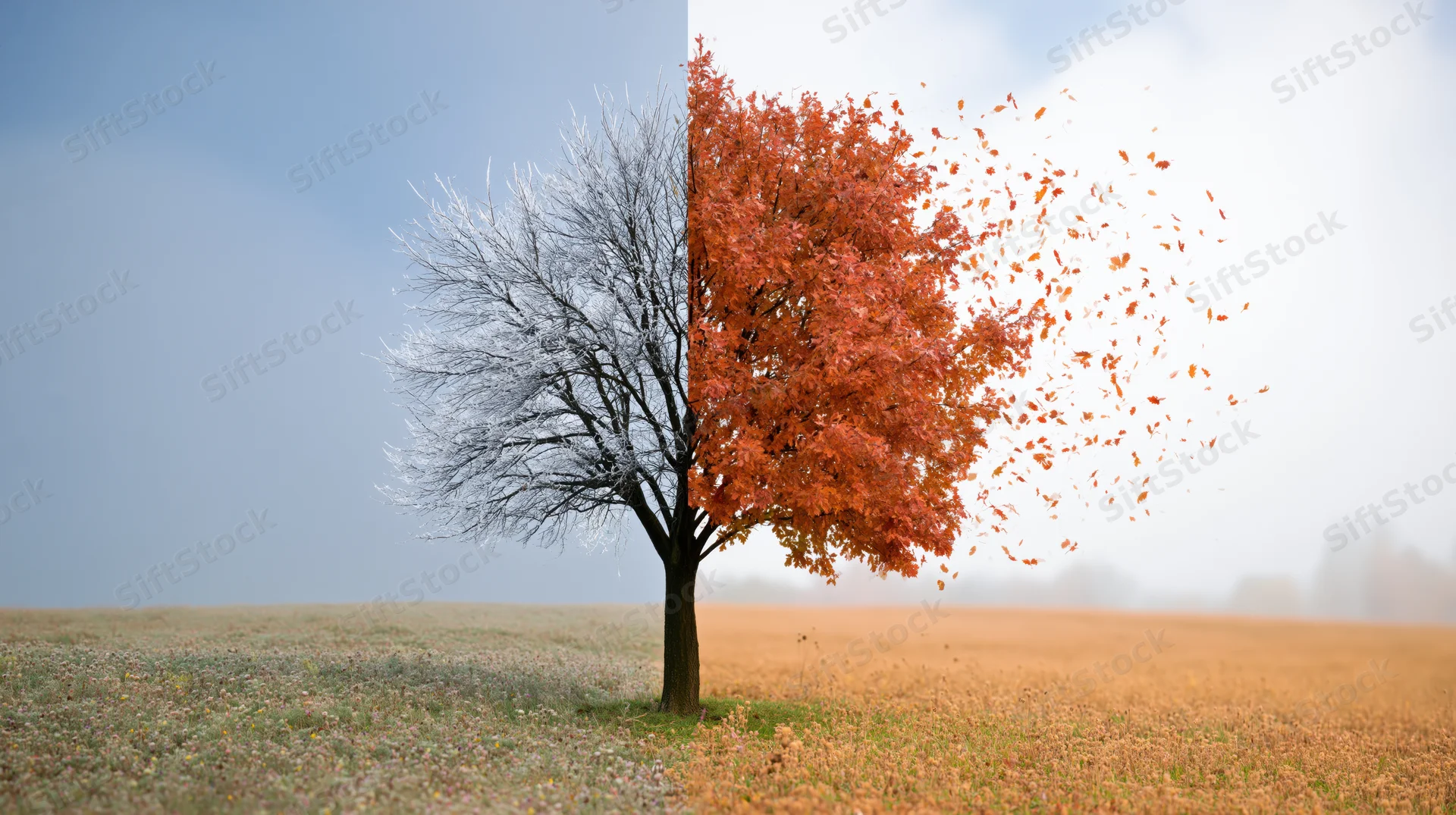 Single tree split between bare winter half and orange autumn half in open field