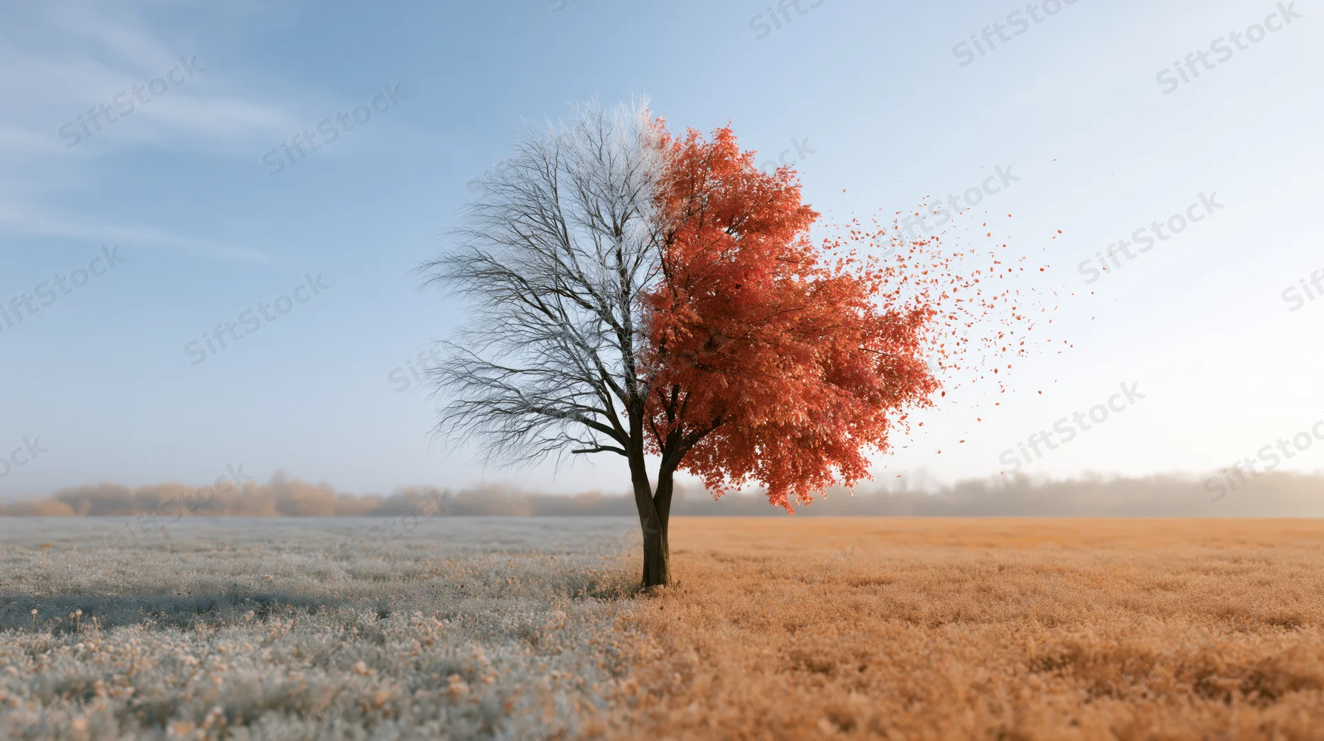 Single tree split between autumn and winter seasons in a frosty field under blue sky