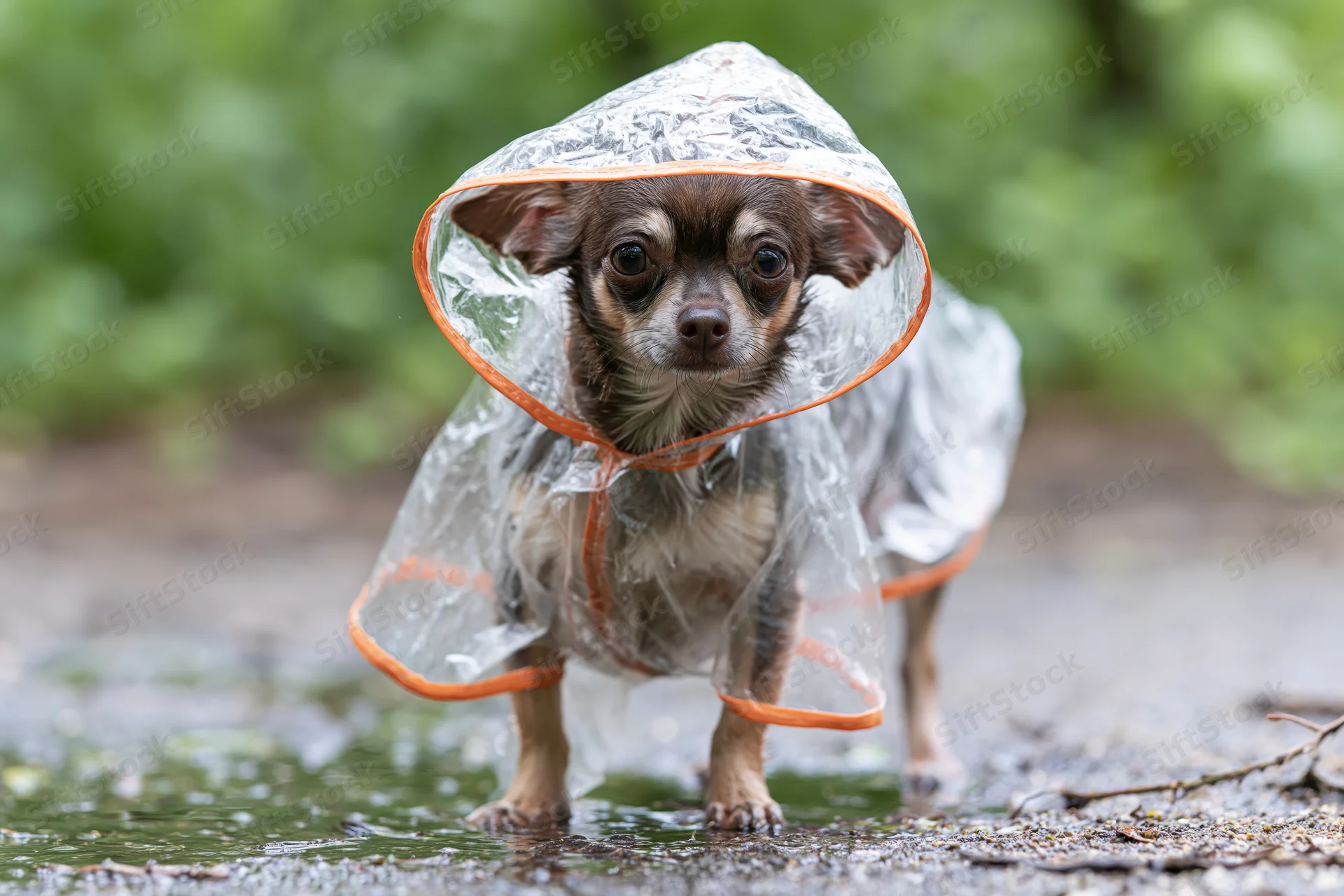 Small chihuahua wearing transparent plastic raincoat walking through wet muddy path outdoors