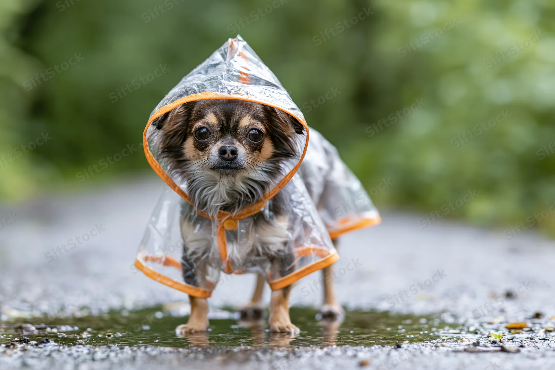Small chihuahua wearing transparent plastic raincoat with orange trim standing in puddle on wet pavement