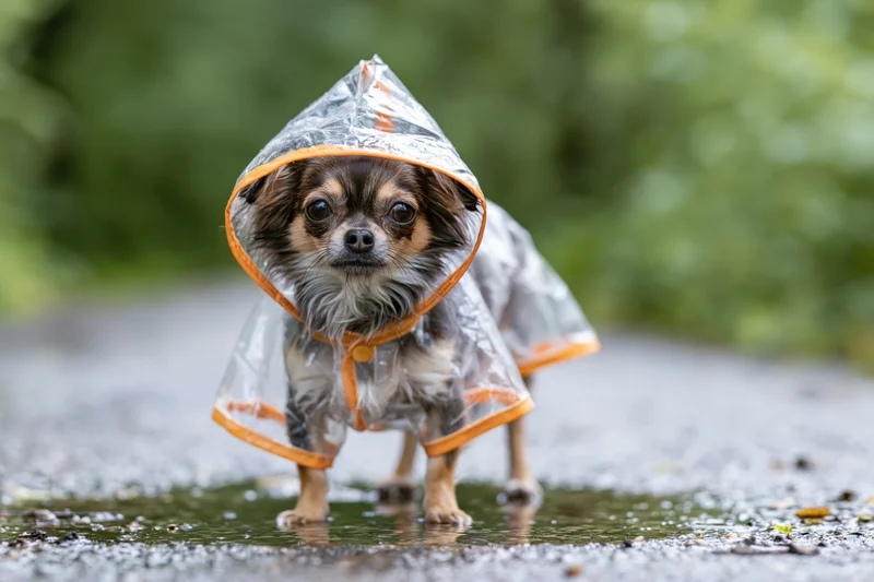 Small chihuahua wearing transparent plastic raincoat with orange trim standing in puddle on wet pavement