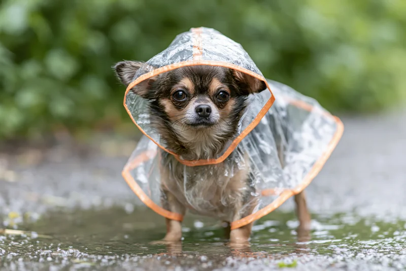 Small chihuahua wearing transparent hooded raincoat standing in puddle on wet pavement