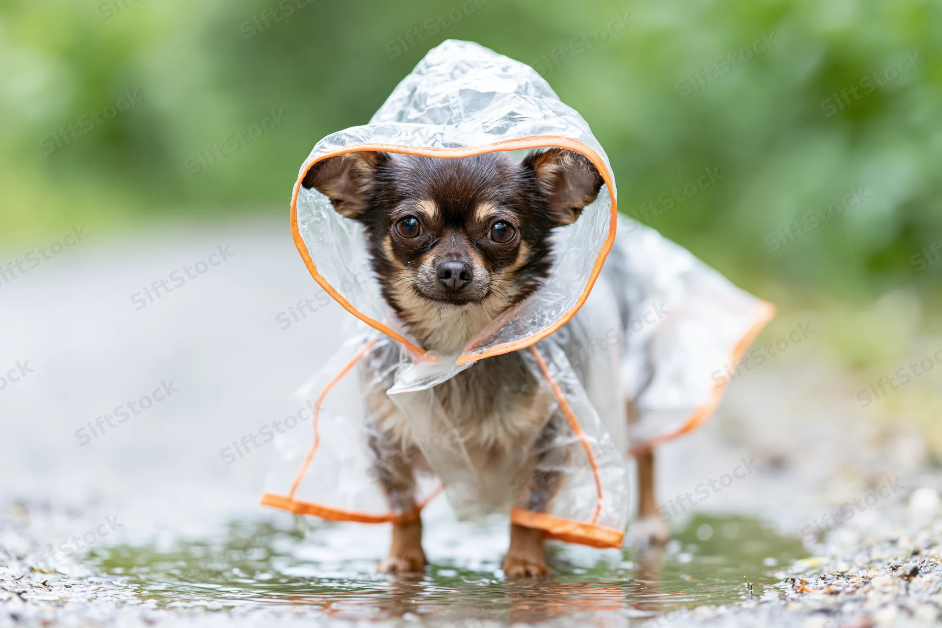 Small chihuahua wearing transparent plastic raincoat with orange trim walking through puddle on wet pavement outdoors