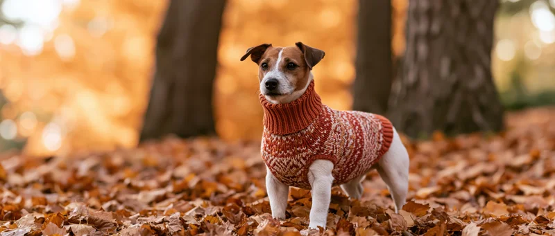 Jack russell terrier wearing knitted fair isle sweater standing on fallen leaves in autumn forest