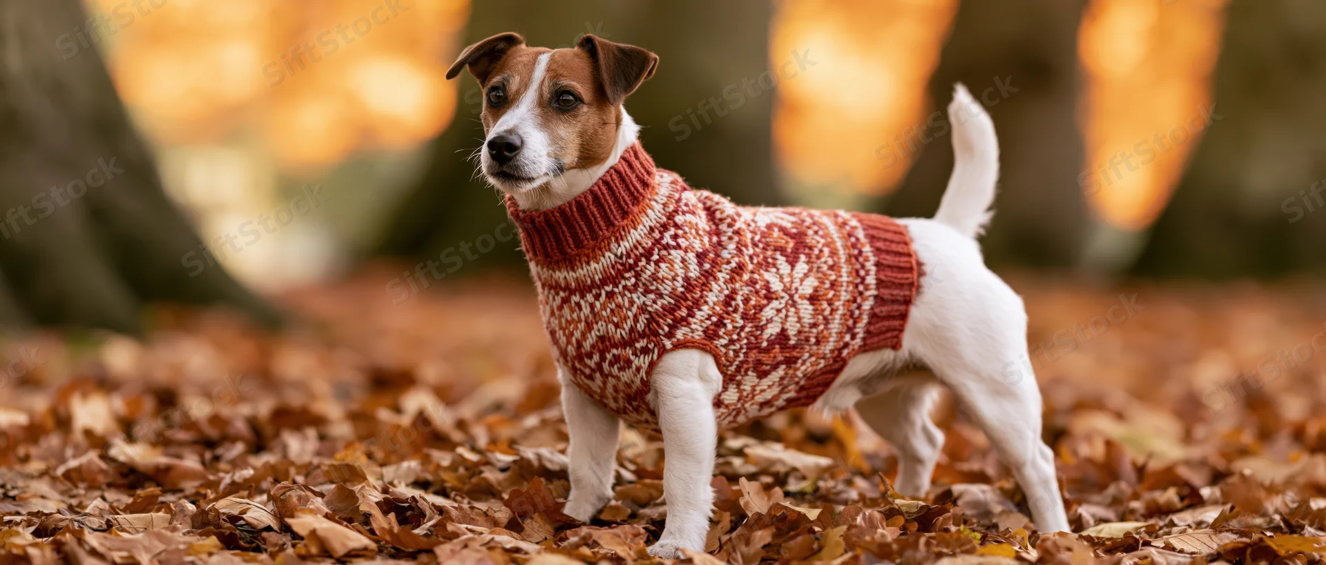 Jack russell terrier wearing knitted fair isle sweater standing on fallen leaves in autumn forest