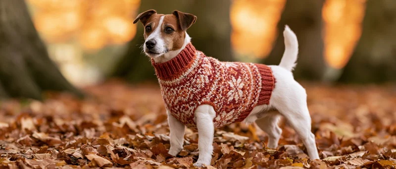 Jack russell terrier wearing knitted fair isle sweater standing on fallen leaves in autumn forest