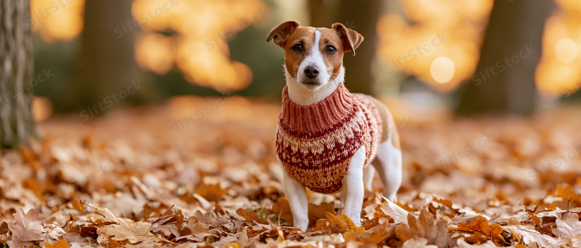 Jack russell terrier wearing knitted fair isle sweater standing in autumn leaves in forest