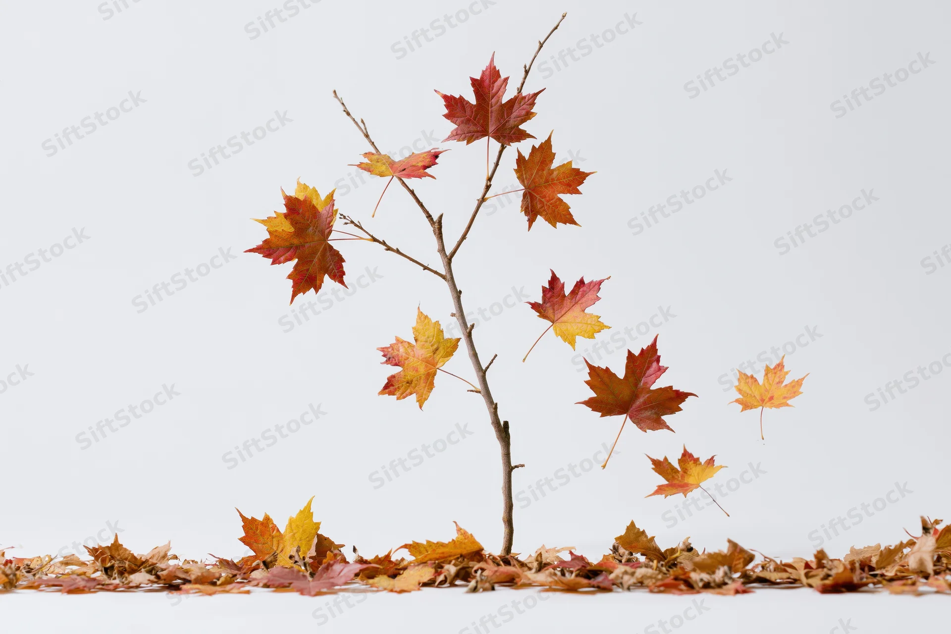Small maple branch with colorful autumn leaves arranged upright on white background with fallen leaves at base