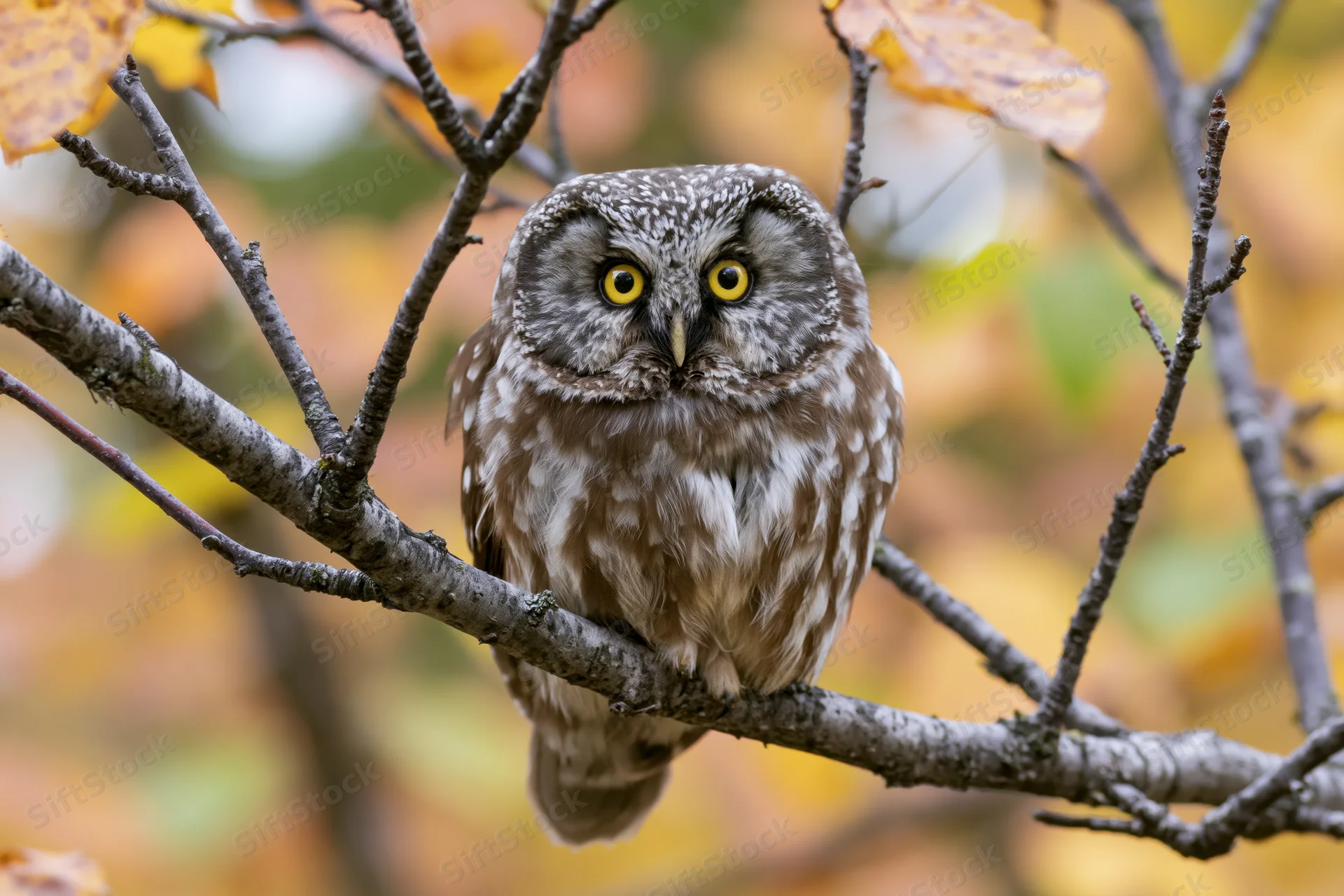 Small owl perched on a bare tree branch in autumn forest