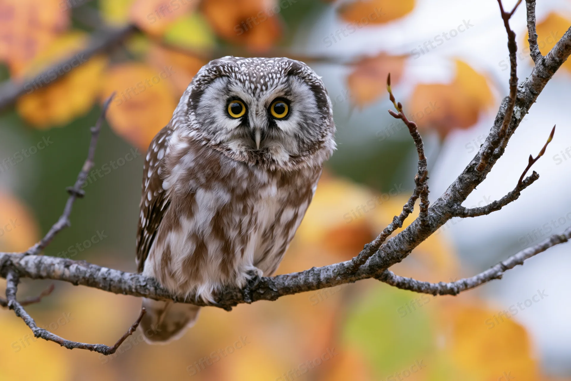 Boreal owl perched on a bare tree branch in autumn forest