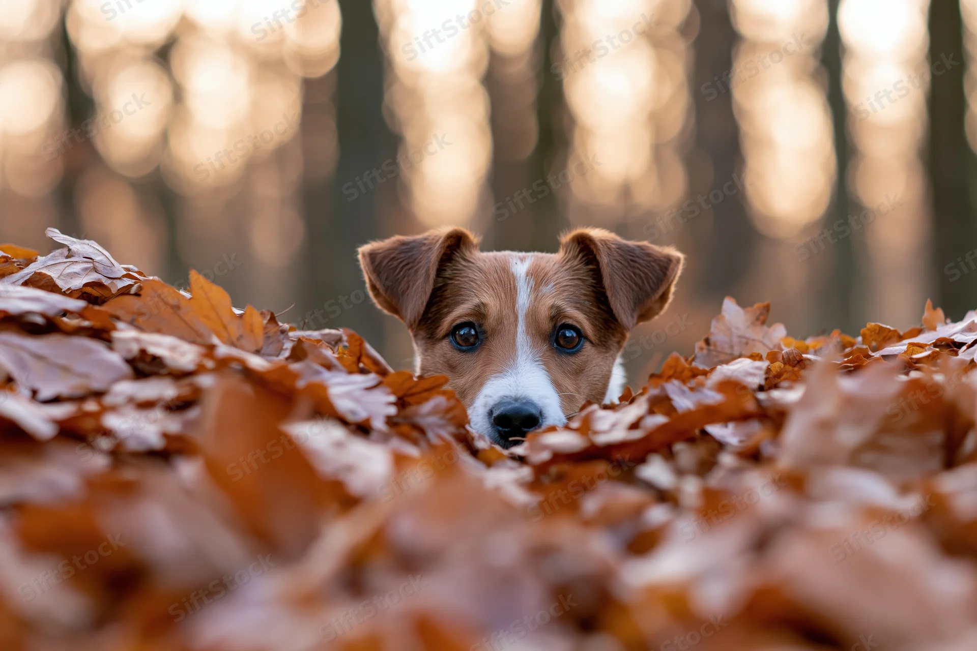 Small brown and white dog peeking from a pile of autumn leaves in a forest