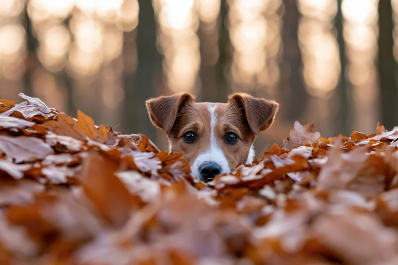 Small brown and white dog peeking from a pile of autumn leaves in a forest