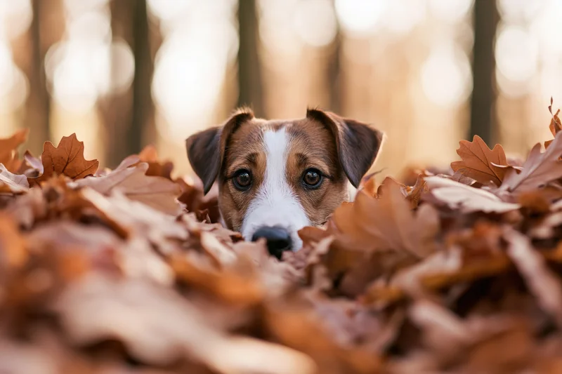 Small brown and white dog peeking from a pile of autumn leaves in a forest
