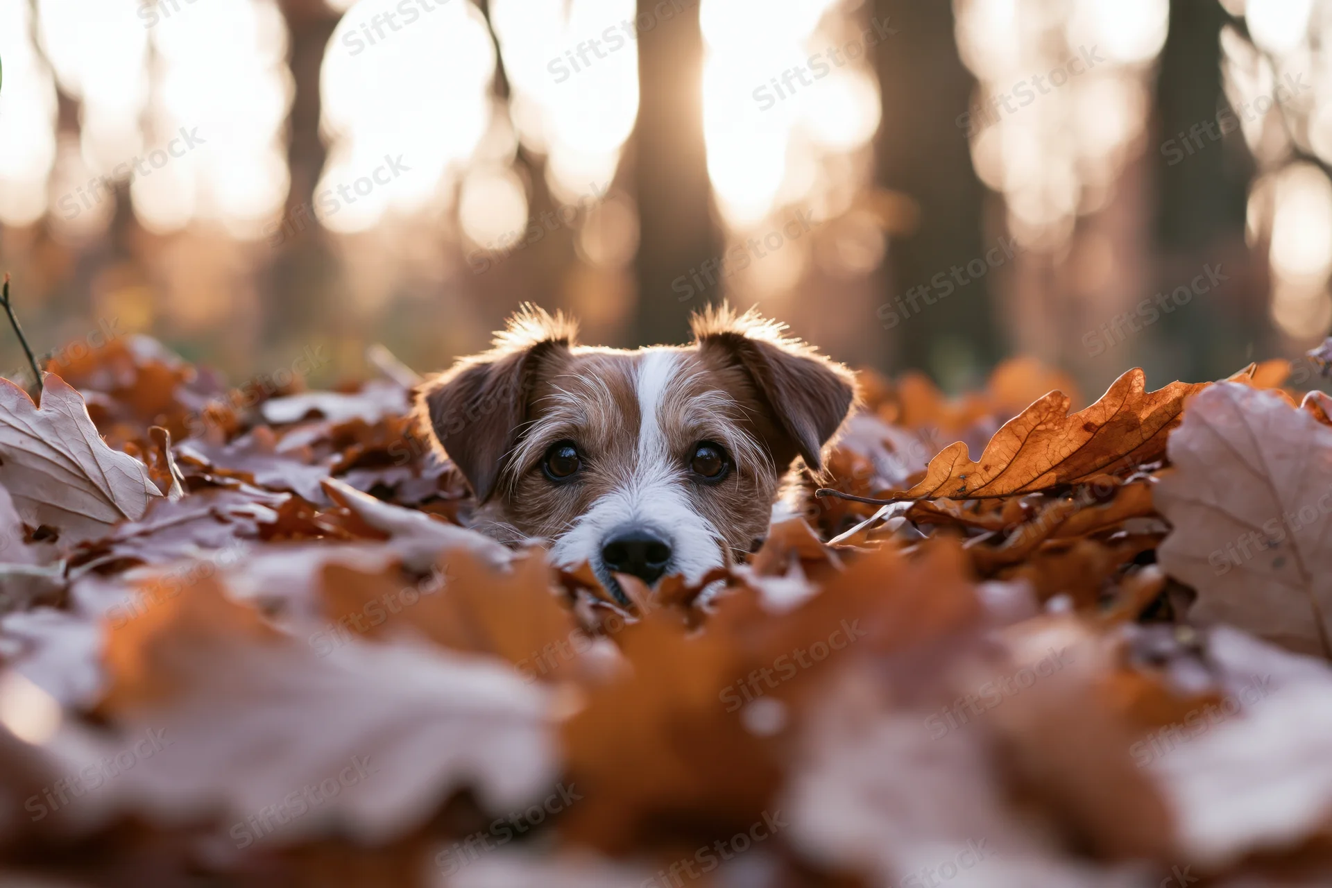 Small brown and white dog peeking from autumn leaves in a forest