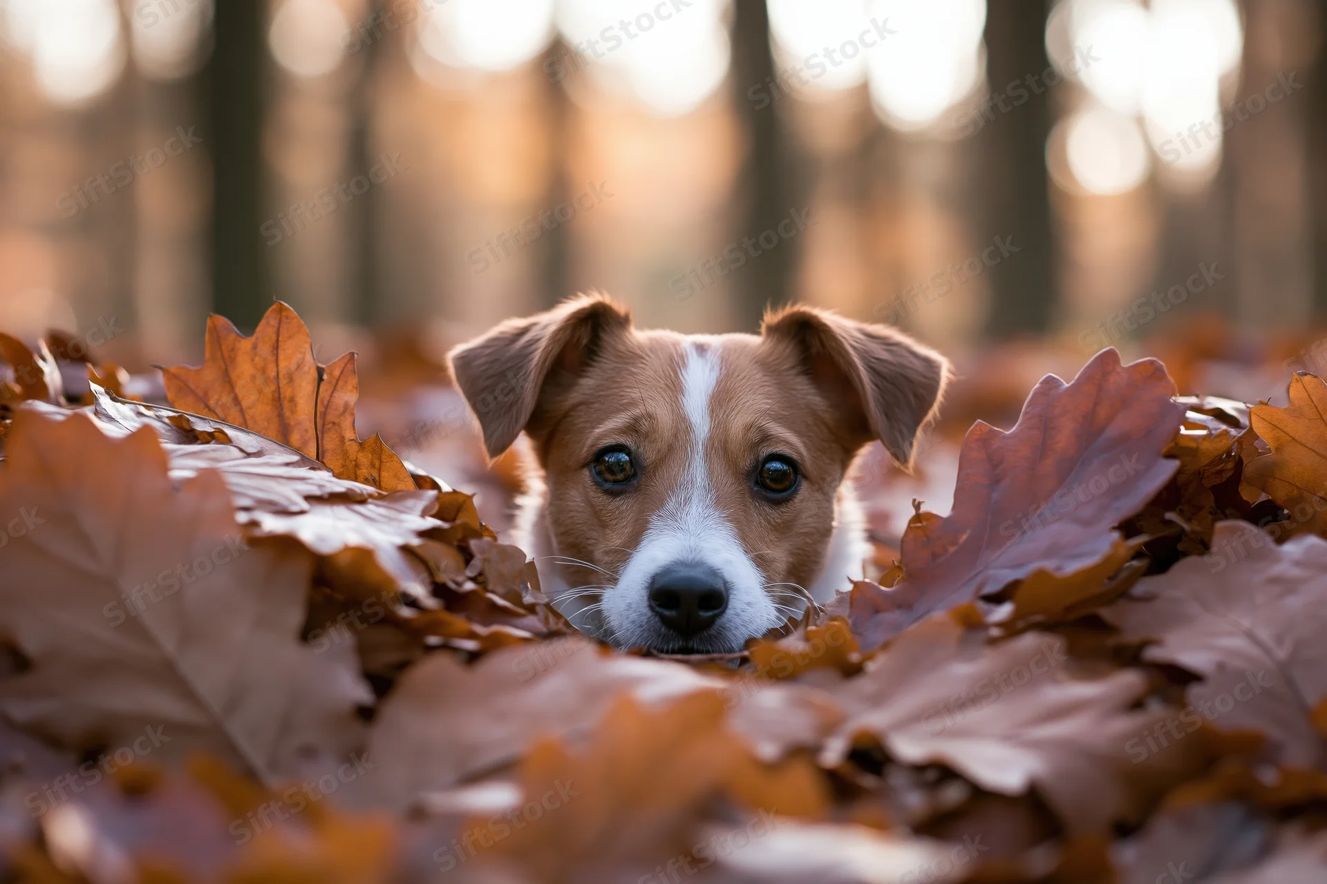 Small brown and white dog peeking head out from pile of autumn leaves in forest