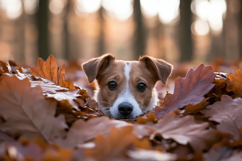 Small brown and white dog peeking head out from pile of autumn leaves in forest