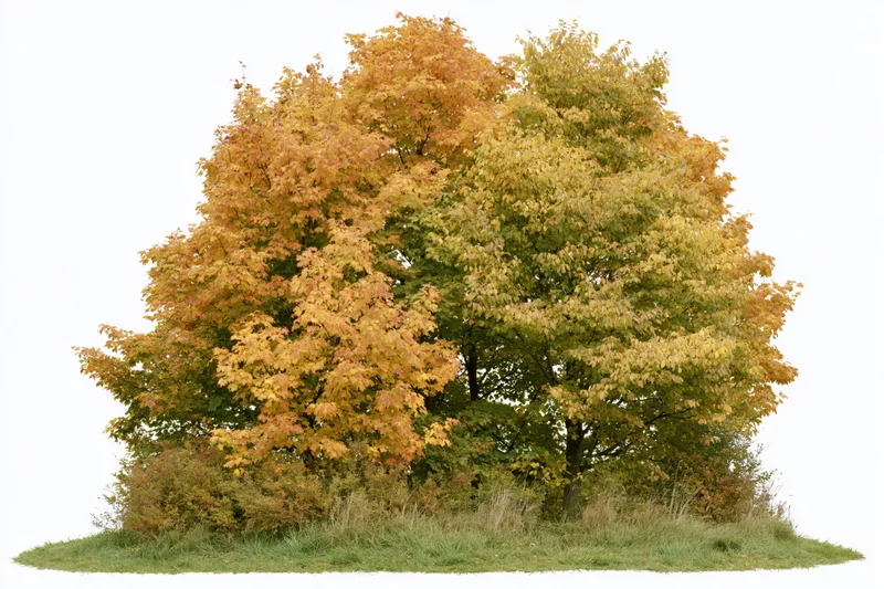 Cluster of deciduous trees with autumn foliage on grass against white background
