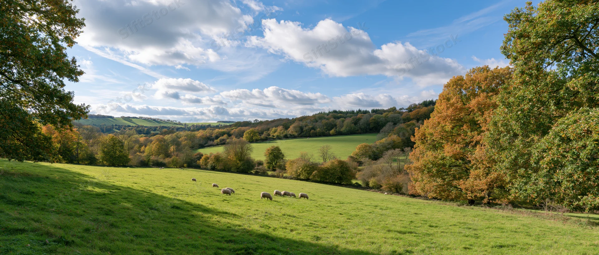 Sheep grazing on a sloping green pasture in a rural landscape with autumn trees and blue sky