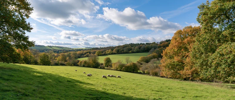 Sheep grazing on a sloping green pasture in a rural landscape with autumn trees and blue sky
