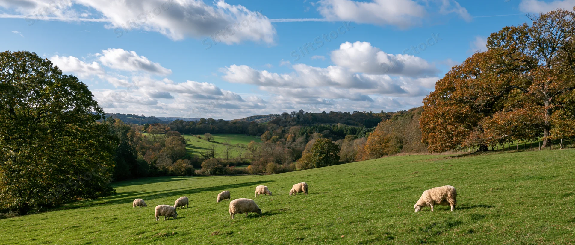 Sheep grazing on a sloping green pasture in a rural countryside landscape