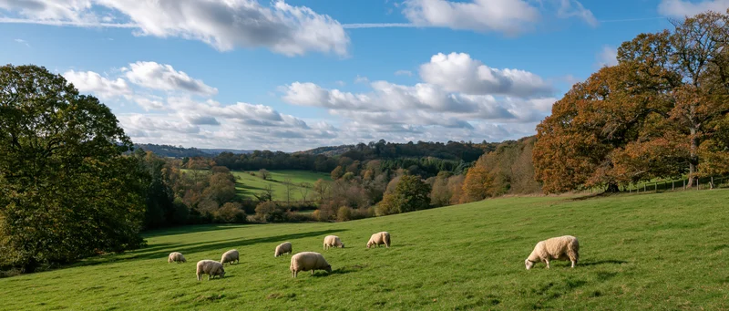 Sheep grazing on a sloping green pasture in a rural countryside landscape