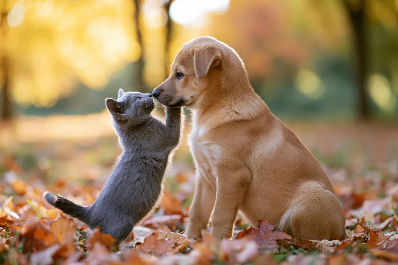 Small gray kitten nuzzling a brown puppy among fallen autumn leaves in a sunlit park