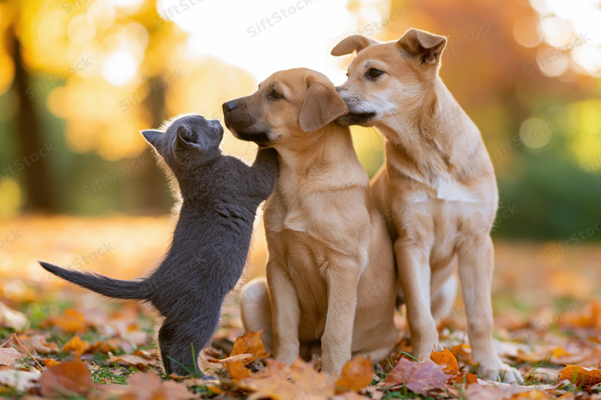 Small grey kitten standing on hind legs nuzzling a brown puppy while another puppy licks its ear in an autumn park covered in fallen leaves