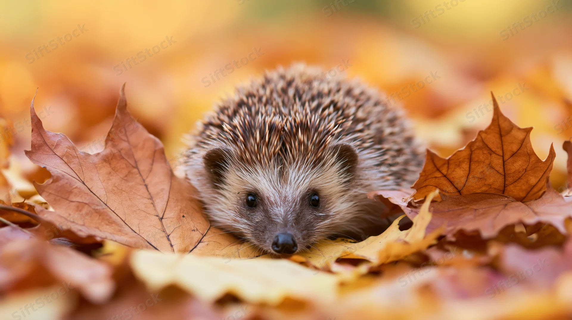 Small hedgehog nestled among fallen autumn leaves on forest floor