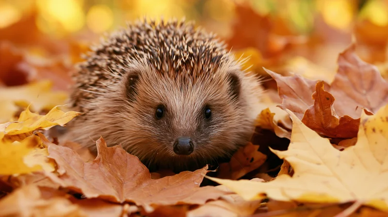 Hedgehog nestled among fallen autumn leaves in a forest setting