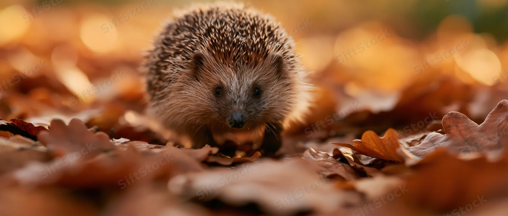 Hedgehog walking through fallen autumn leaves on forest ground