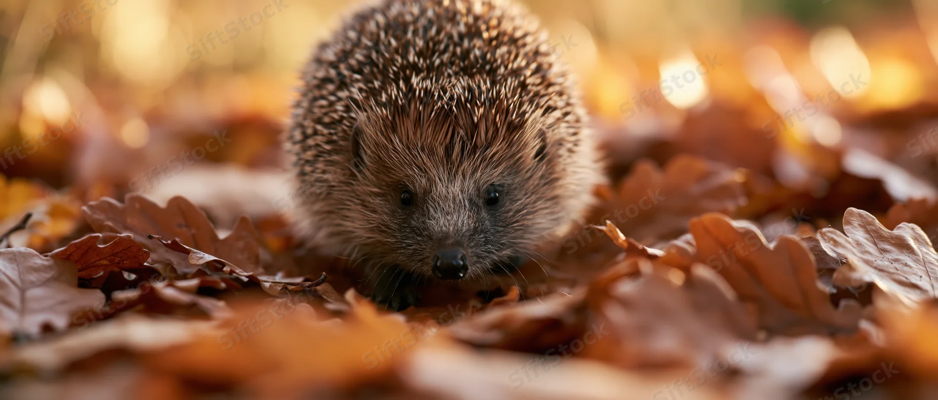 Hedgehog walking through fallen autumn leaves on forest floor