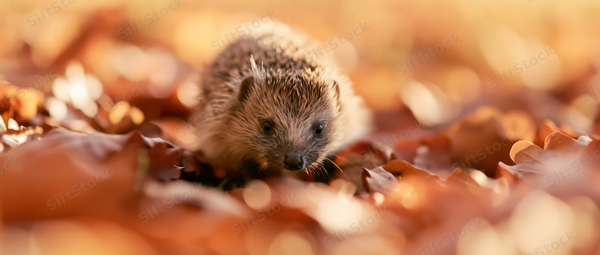 Hedgehog moving through fallen autumn leaves on forest floor
