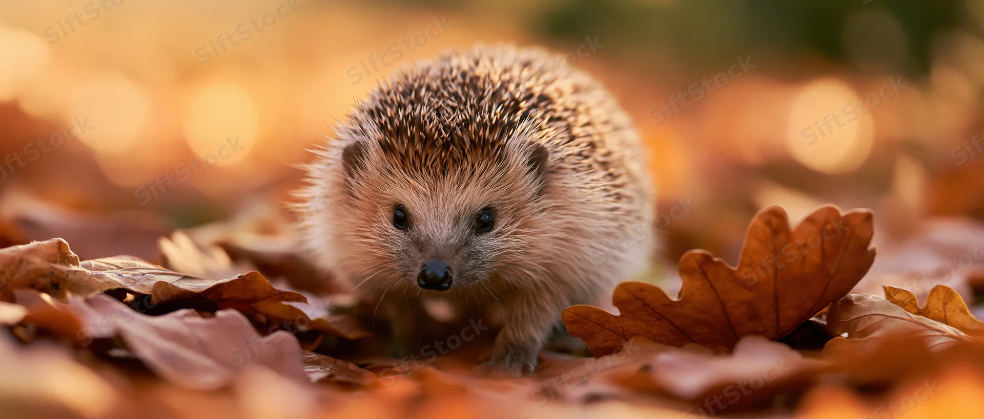 Hedgehog walking through fallen autumn leaves on forest floor