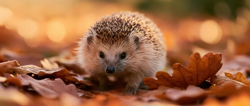 Hedgehog walking through fallen autumn leaves on forest floor