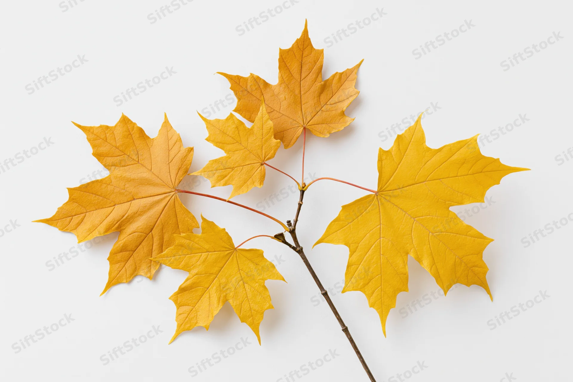 Maple branch with five yellow autumn leaves arranged flat on white background