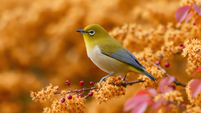 White-eye bird perched on flowering branch with red berries and orange blossoms in autumn setting