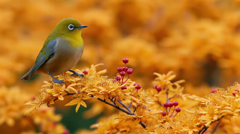 Small olive-yellow white-eye bird perched on flowering branch with red berries in autumn garden