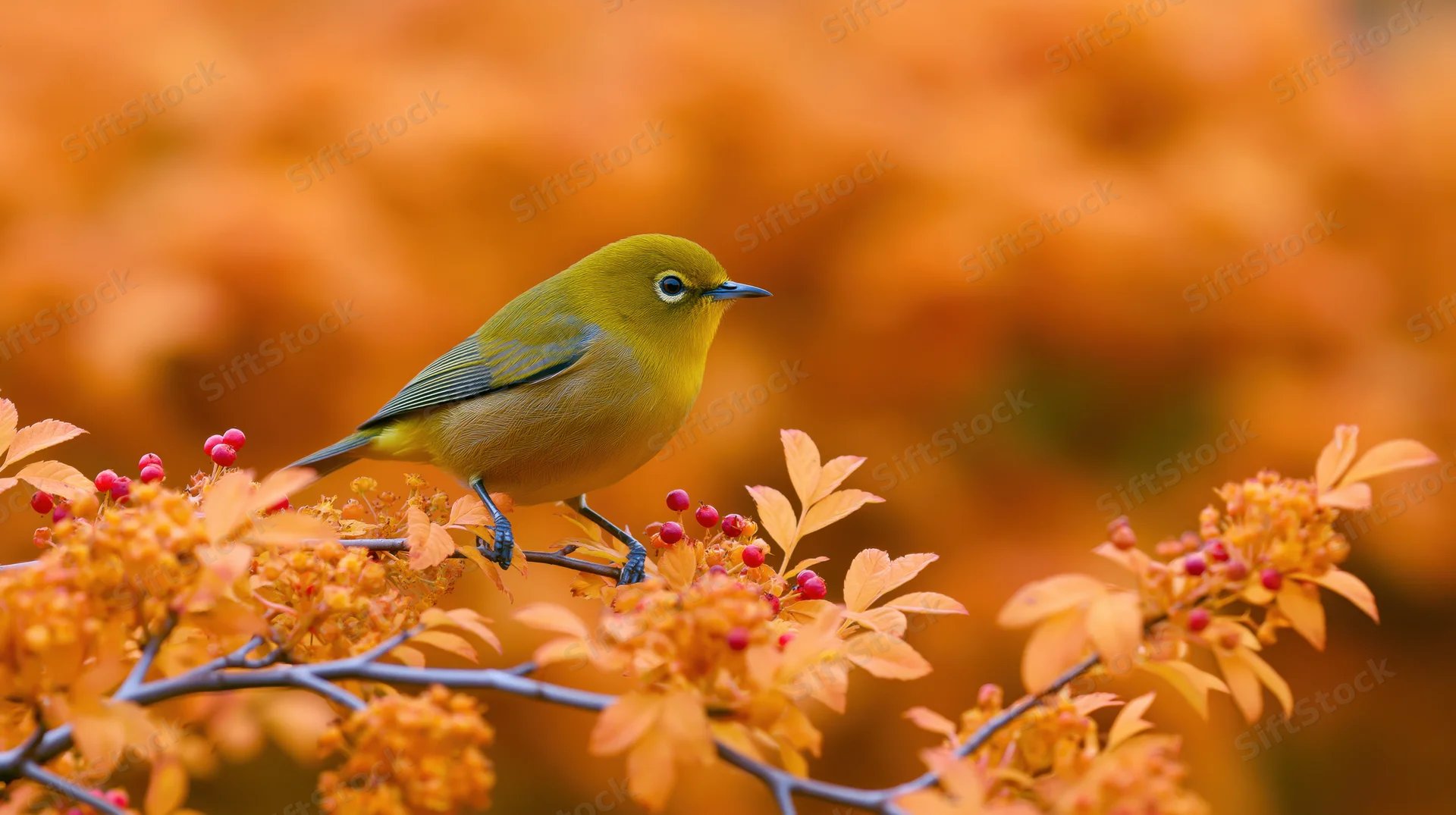 Small olive-yellow white-eye bird perched on flowering branch with orange leaves and red berries in autumn garden