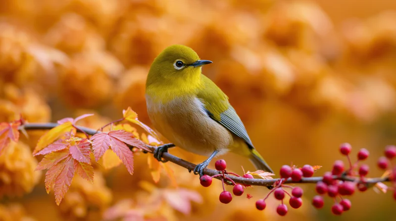 Small olive-yellow white-eye bird perched on a branch with red berries and autumn foliage