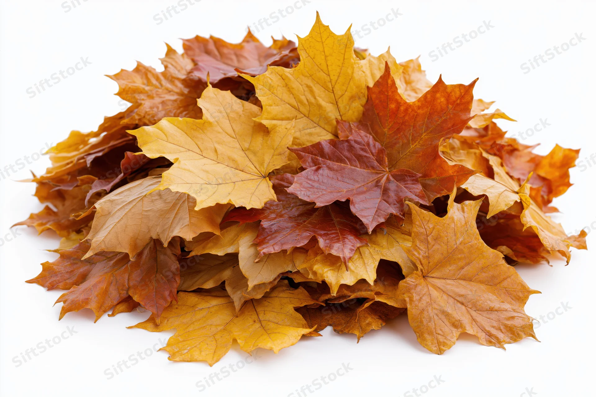 Pile of fallen autumn maple leaves heaped loosely on white background