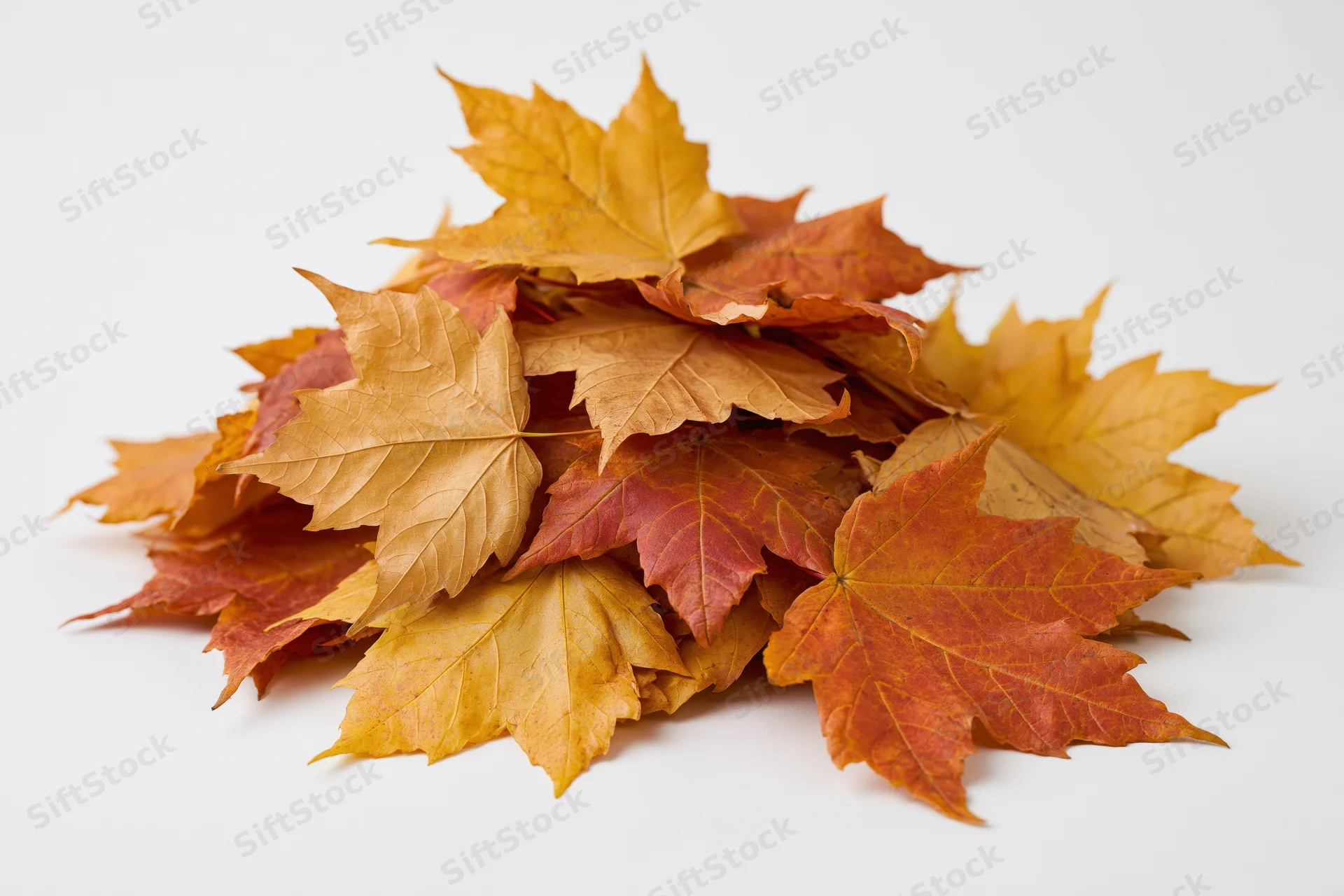 Pile of dried maple leaves in autumn colors on white background