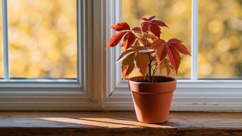 Small potted plant with red and orange autumn leaves on a wooden windowsill by a window