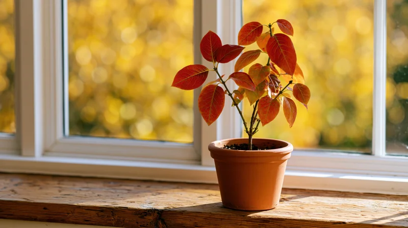 Small potted plant with red and orange autumn leaves on a wooden windowsill by a window