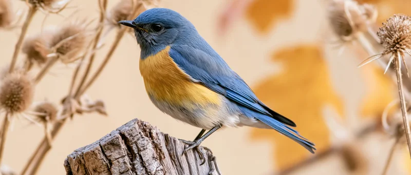 Small robin with blue plumage and orange-yellow chest perched on a wooden stump among dried plants