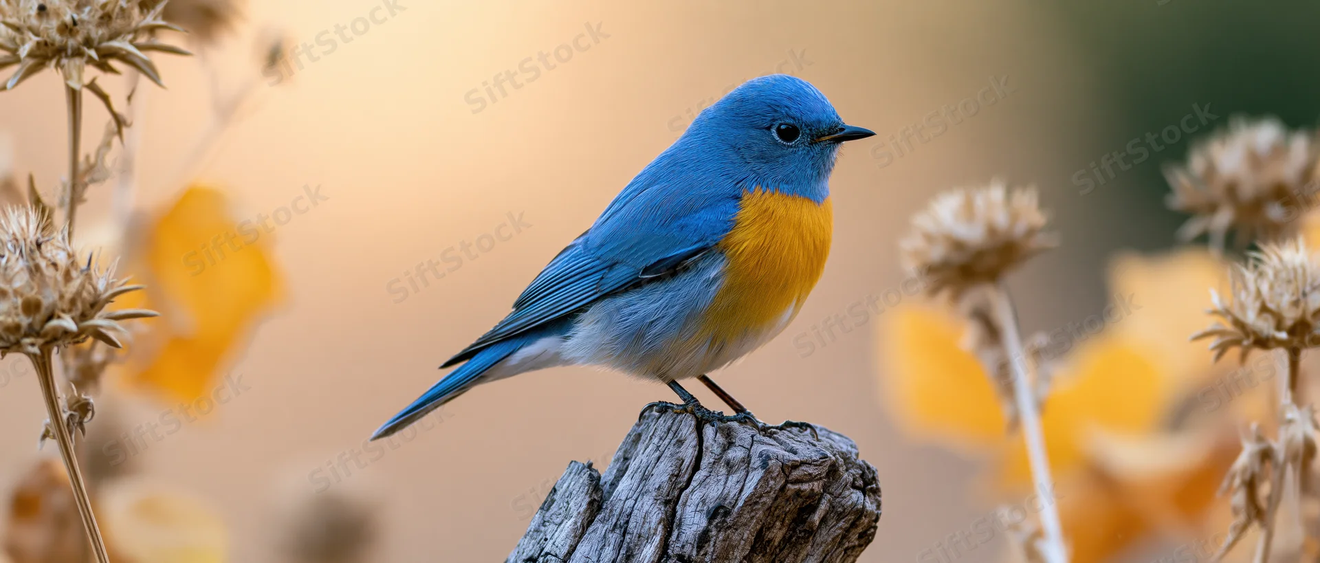 Small blue robin with orange-yellow chest perched on a weathered wood stump among dried flowers in autumn garden
