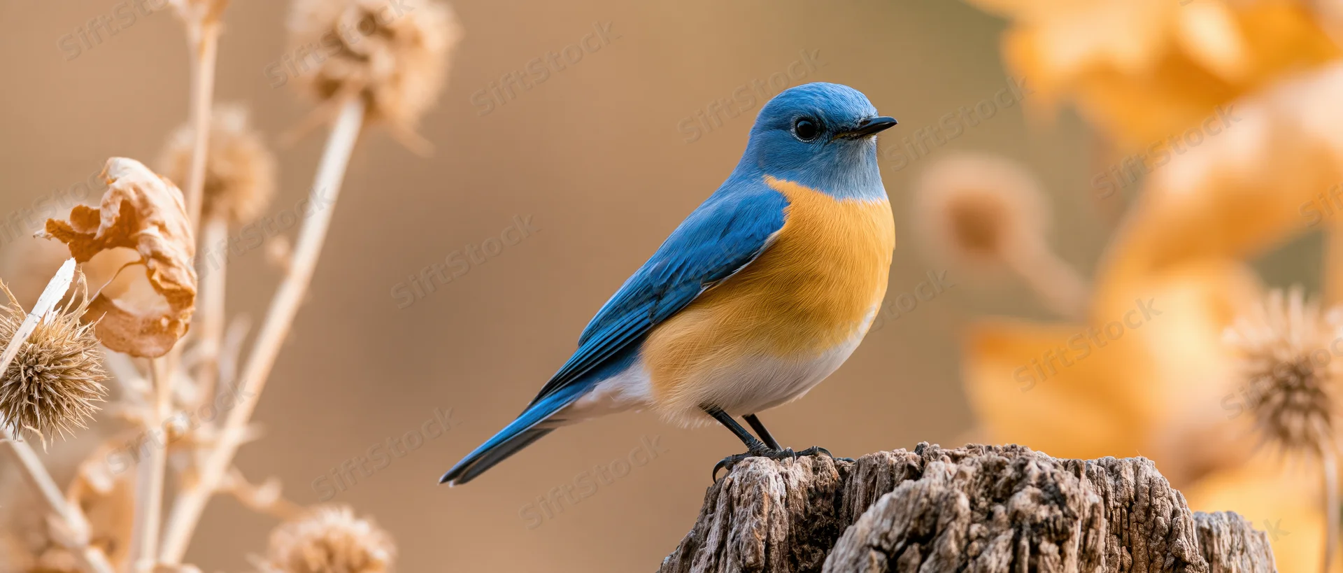 Bluebird perched on a tree stump among dry autumn plants
