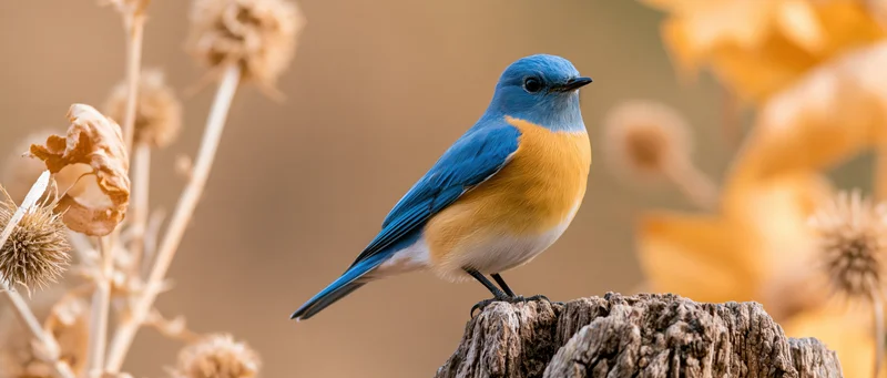 Bluebird perched on a tree stump among dry autumn plants