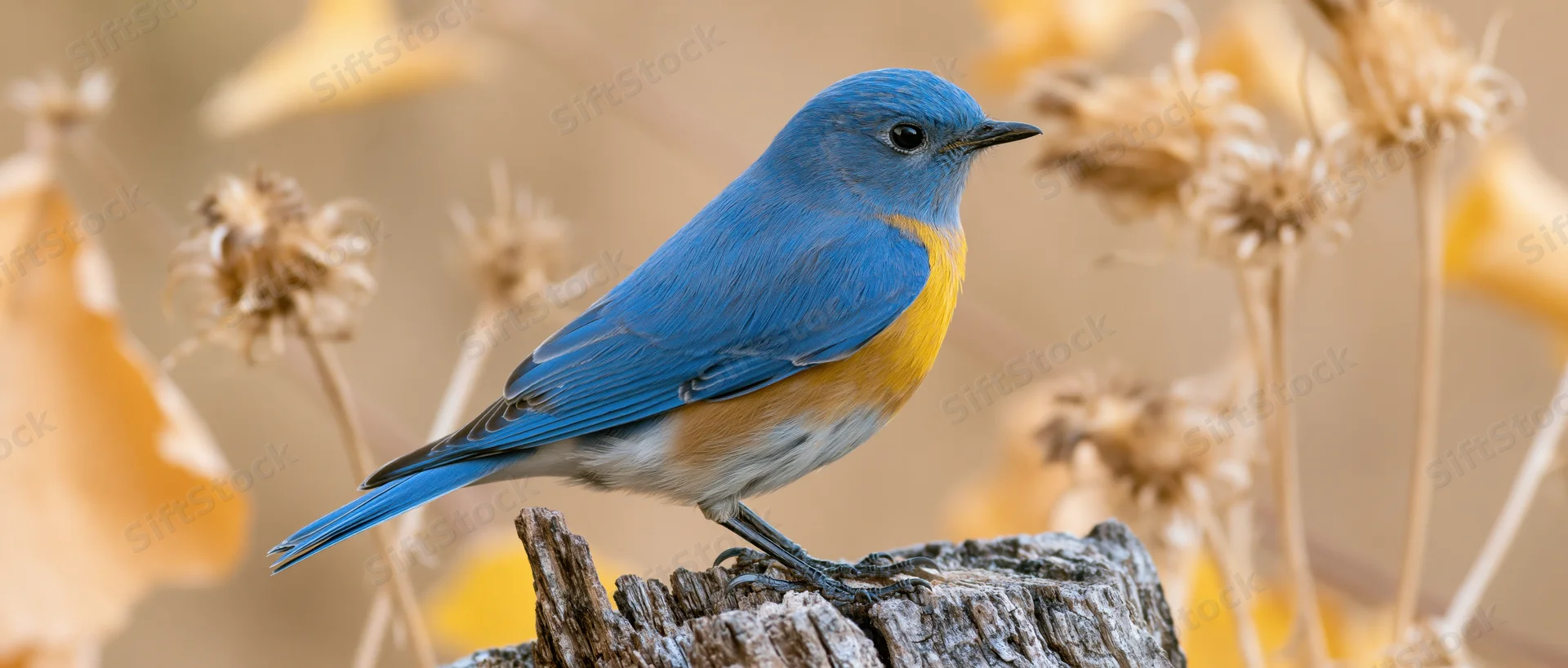 Bluebird perched on a weathered wood stump among dried flowers in autumn setting